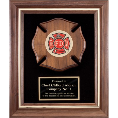 Walnut Plaque with Maltese Cross and Fireman Insignia, 14 1/2 x 17 1/2"
