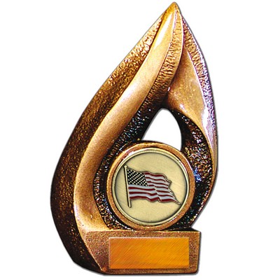 Stock Flame 7" Trophy with 2" US Flag Coin, Engraving Plate