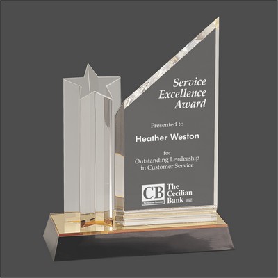 Clear Star Column Acrylic Award w/Clear Plaque and Gold/Black Base (9")