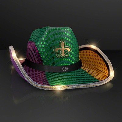Light Up Mardi Gras Cowboy Hat with Black Band - PRINTED
