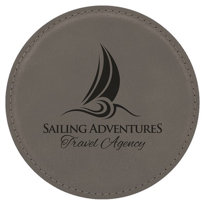 Round Coaster, Gray Faux Leather, Engraved, 4" Dia
