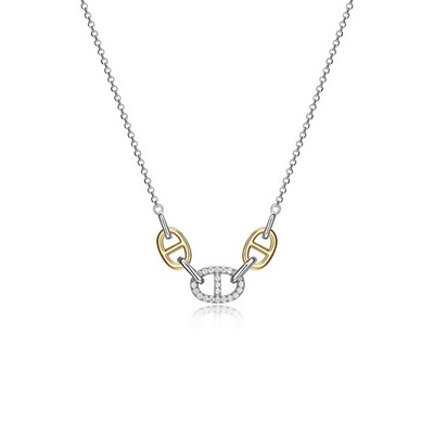Charles Garnier Sterling Silver "Mariner Link" with Diamondlite Necklace - Silver and Gold
