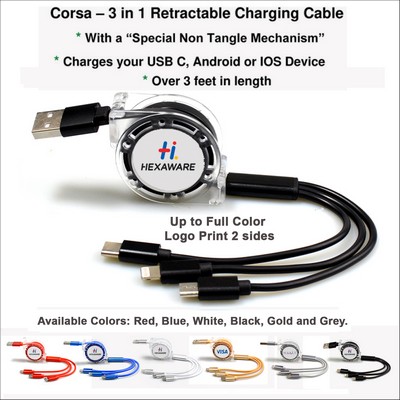 Corsa 3" 1 Retractable Charging Cable - BLACK
