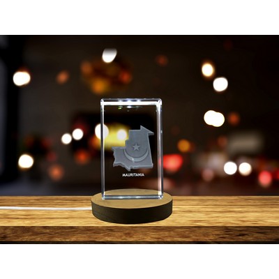 Mauritania 3D Engraved Crystal Trophy Keepsake w/LED Base Light