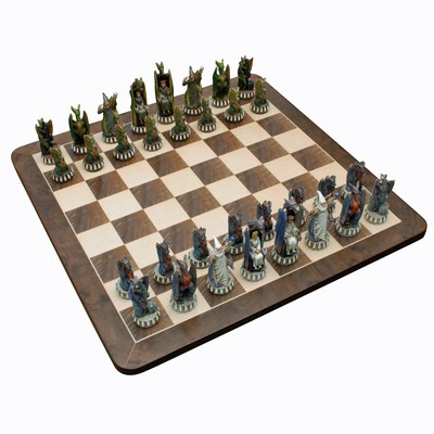 Handpainted Dragon Chess Set, Walnut Root Board 21 in, 4.5" King