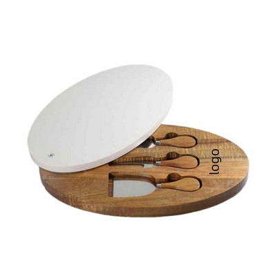 Round Marble and Acacia Wood Cutting Board with 3 pcs Knife Set