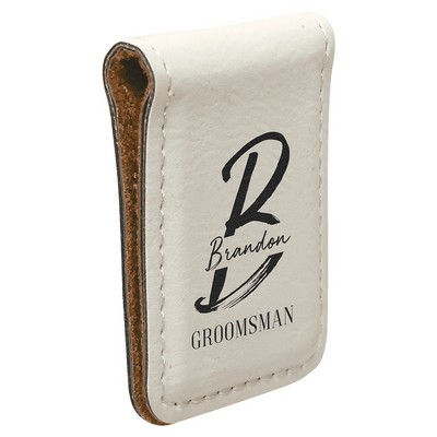 Money Clip, White Faux Leather, 1 3/4" x 2 1/2"