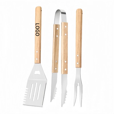 Three-Piece Set Of Barbecue Fork, Spatula And Tongs With Stainless Steel And Solid Wood Handles