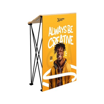Angled Wide Portable Podium Kit - Shiny Polyester Banner + Hardware