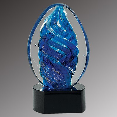 Blue Oval Swirl Art Glass on Black Glass Base, 6-1/2"H