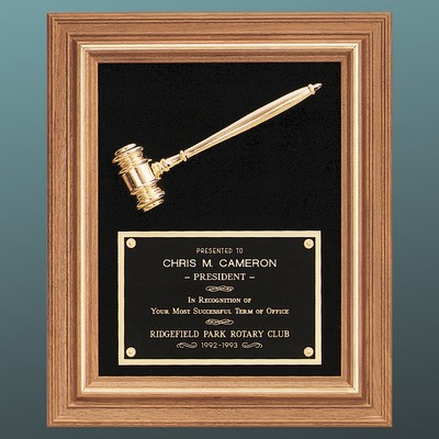 Solid Walnut Framed Gavel Plaque, Black Velour Background and Gold Gavel, 15"x18"