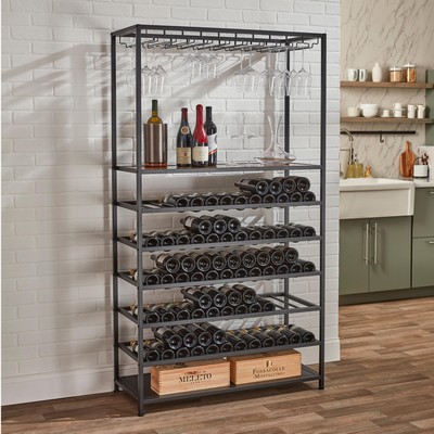 Wine Enthusiast 115-Bottle Iron Wine And Stemware Rack w/Tasting Shelf