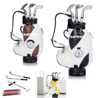 Desktop Mini Golf Bag Pen Holder With Clock