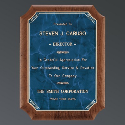 Genuine American Walnut Notched Plaque, Sapphire Marble Plate w/Florentine, Large (9"x12")