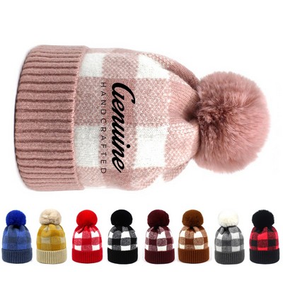 Plaid Winter Pompom Beanie