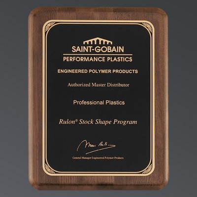 Premium Walnut Piano Finish, Rounded Rectangle, Black Brass Plate w/Florentine, Large (9"x12")