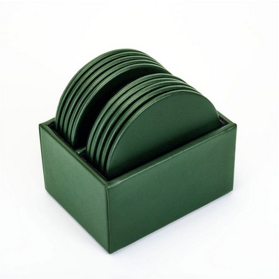 Dark Green Leatherette 10 Round Coaster Set w/ Holder