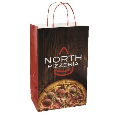 Multi-sided Full Color White Shopper Paper Bag - Red Handle (8.5" x 13.375" x 5")