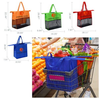 Set of 4 Non-Woven Shopping Cart Bags W/Mesh Bottom, Foldable Eco-Friendly Grocery Organizer Totes