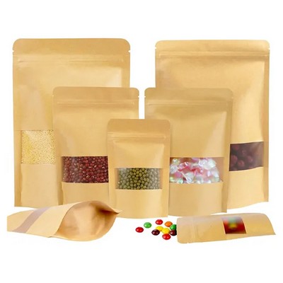 Resealable Kraft Paper Stand Up Food Pouch with Clear Window and Zipper Lock