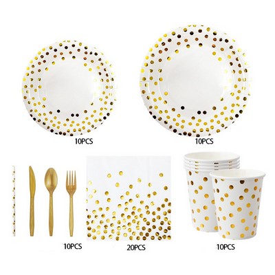 White and Gold Polka Dot Party Supplies Disposable Paper Plates Napkins Straws Set