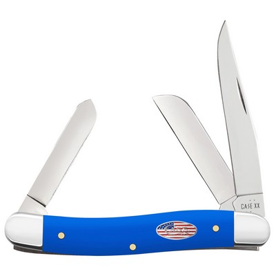 Smooth Royal Blue Synthetic Medium Stockman Pocket Knife with Flag Case Shield