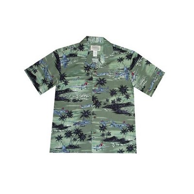 Green Blue Hawaiian Tropical Military Print Shirt / 100% Cotton Poplin / Airplanes Circa WWII