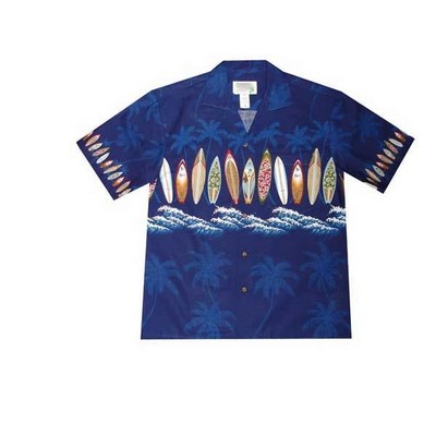 Navy Hawaiian Shirt - 100% Cotton Poplin Tropical Print w/ Coconut Buttons (S - 3XL in-stock)