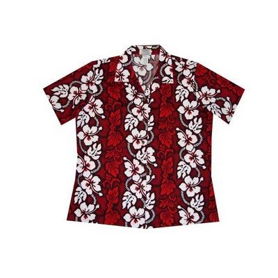 Ladies Red Hawaiian Cotton Poplin Shirt w/Button Front & Short Sleeves