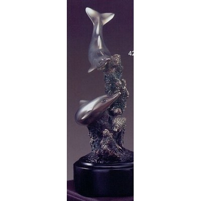 Silver Finish Two Dolphins Trophy w/1 Tail Up & Round Base (4.5"x7")