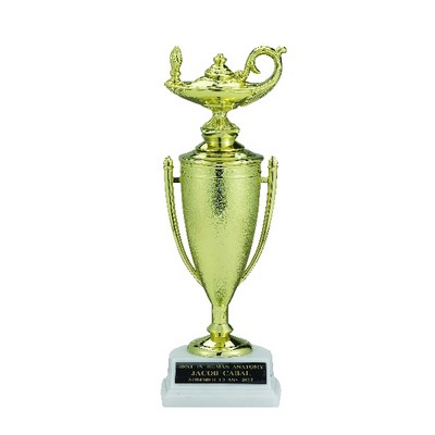 9 ½" Lamp of Learning Gold Cup Trophy w/White Marble Base
