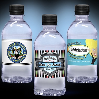 12 Oz. Custom Label Water w/Black Flat Cap - Clear Bottle