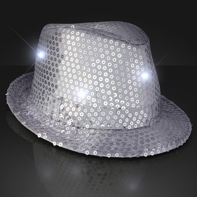 Sequin Silver Fedora Hats with Flashing LEDs - BLANK