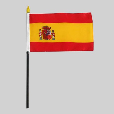 4"x6" Spain Flag With Black Plastic 10" Pole & Gold Spear - Spanish Flag