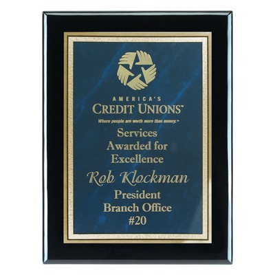 Plaque - 7"x9" Jet Black High Gloss Piano Wood Plaque with Blue Frosted Marble Plate (5"x7")