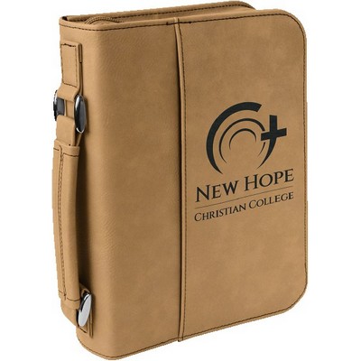 Book Cover with Handle & Zipper, Light Brown Faux Leather, 6 3/4" x 9 1/4"