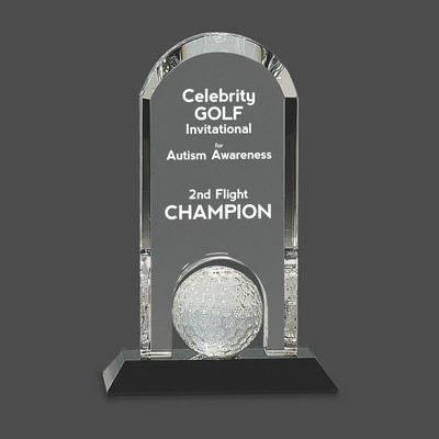 Clear Crystal Dome Award w/Inset Golf Ball on Black Pedestal Base (9")
