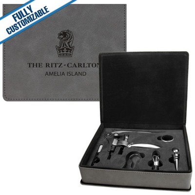 Gray Leatherette - 5-Piece Wine Tool Gift Set