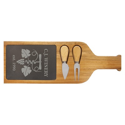 17½" x 6" Acacia Wood/Slate Serving Board with Two Tools