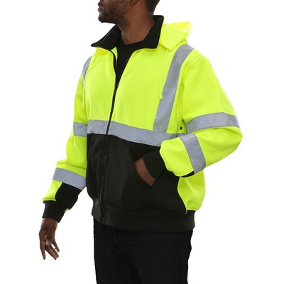 2-Tone Front Zipper Closure Hooded Sweatshirt w/ Detachable Hood- Fluorescent Yellow-Green/Black