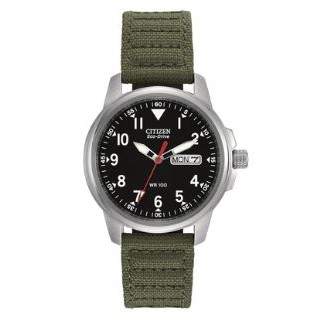 Citizen® Men's Eco-Drive® Military Watch w/Black Dial & Buckle Clasp Green Strap