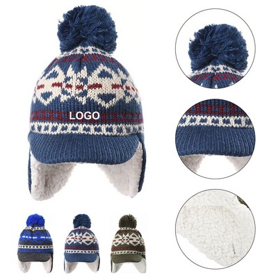 Knit Fleece Ear Flap Pom Beanie Hat