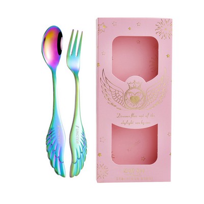 2 PCS Rainbow Angel Wings Spoon Fork Flatware Set Tableware Pink Gift Box