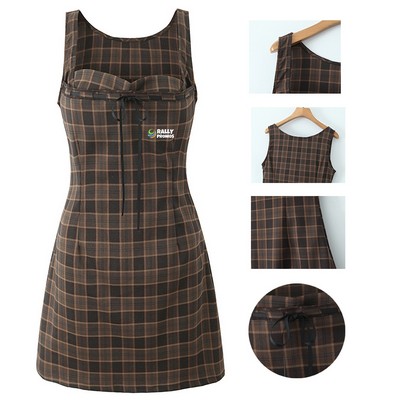 Square Collar Plaid Print Brown Color Summer Sleeveless