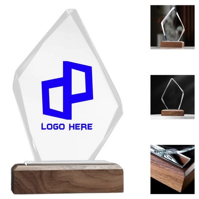Pentagonal K9 Crystal Award With Wooden Base