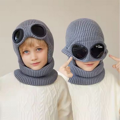 Windproof Goggles-Equipped Kids Hat and Scarf Set