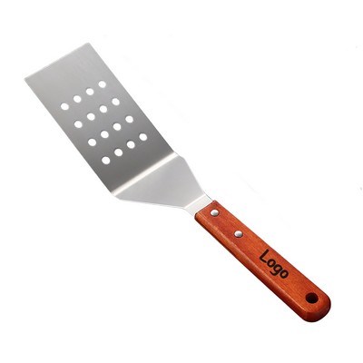 Professional Stainless Steel Perforated Griddle Turner & Chopper w/ Triple-Edge Blade Wooden Handle