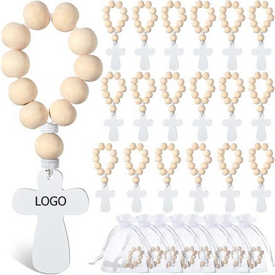 Wooden Rosary Beads with Cross Pendant and White Mesh Bags