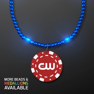 Blue LED Bead Necklace with Red Poker Chip Medallion - PRINTED