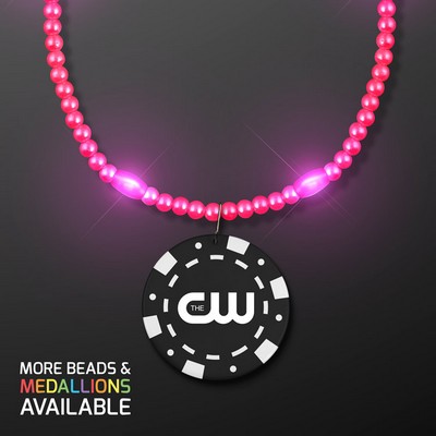 Pink LED Bead Necklace with Black Poker Chip Medallion - PRINTED